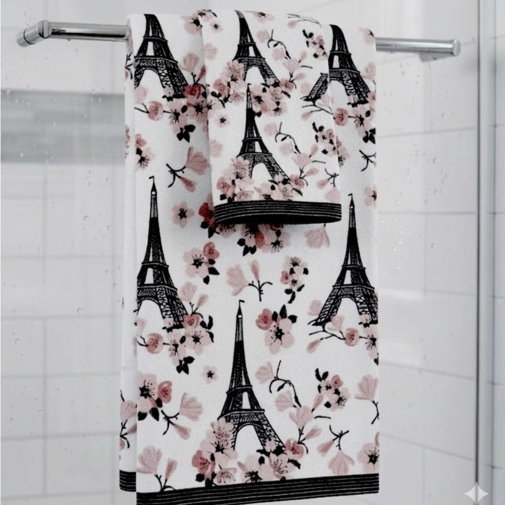 Kassafina Home Paris Eiffel Tower Bath & Hand Towel Pink Floral Bonjour 2 Pc Set